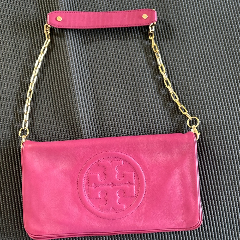 Tory Burch Fuchsia Leather Clutch with Gold Chain